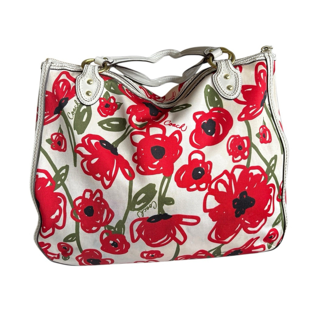 Coach Poppy Red Floral Canvas Tote Shoulder Bag Purse Crossbody East West